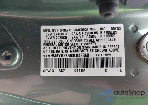 2003 Honda Element Ex из США, поврежденный, VIN 5J6YH28563L043360